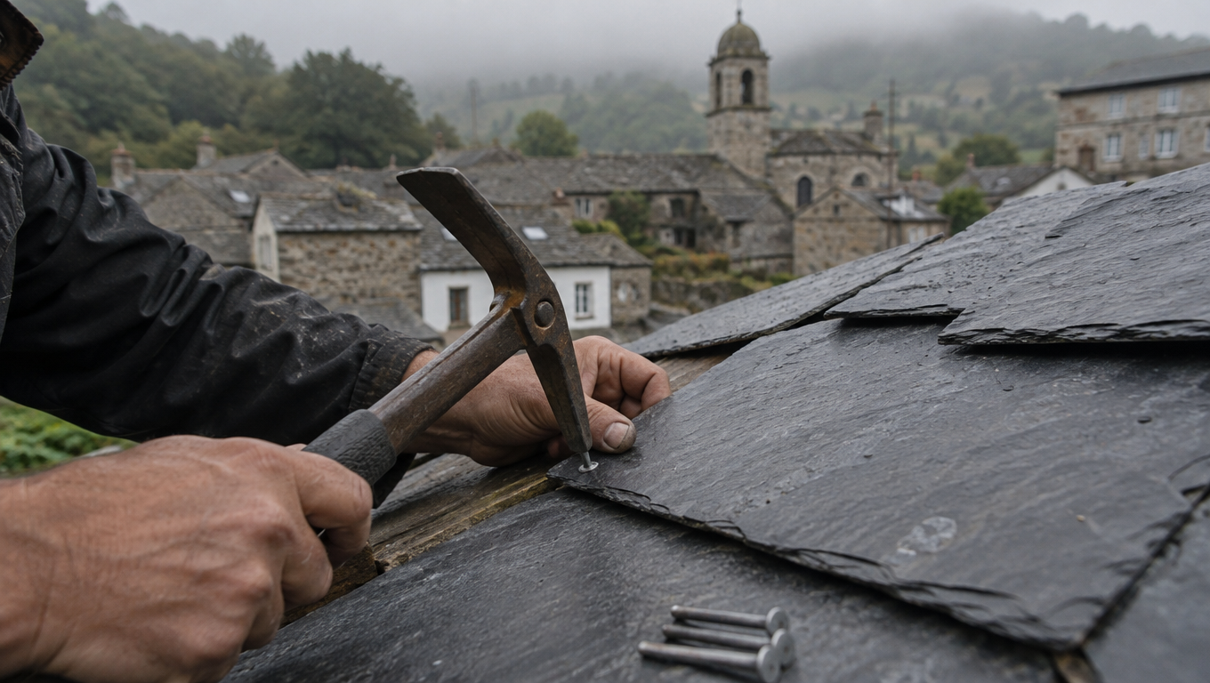 Operario colocando una pizarra nueva en un tejado tradicional de Galicia