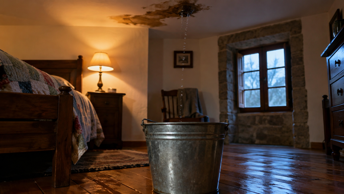 Gotera cayendo en un cubo metálico en el interior de una casa rural gallega