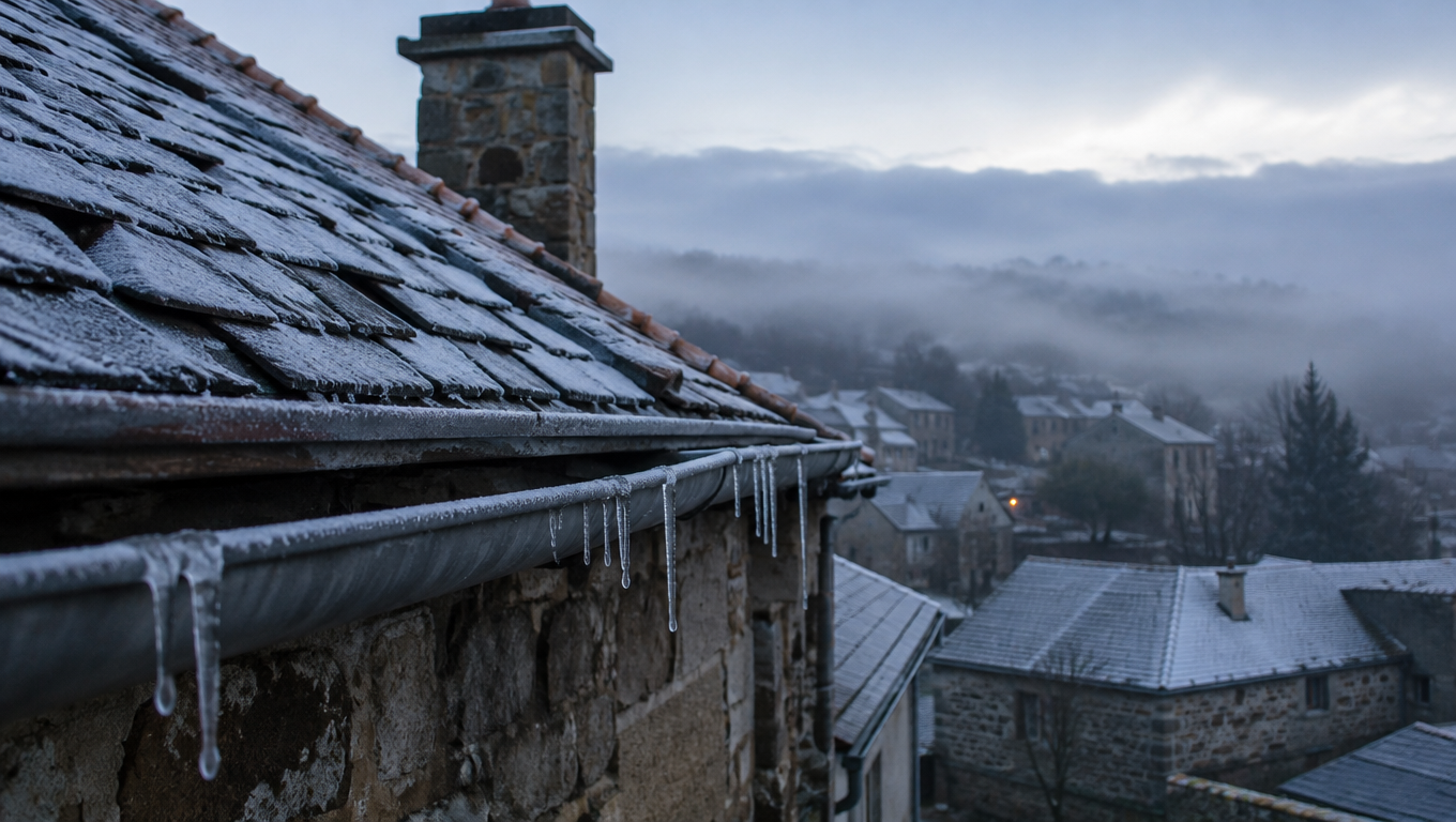 Tejado de pizarra cubierto de escarcha y carámbanos de hielo al amanecer