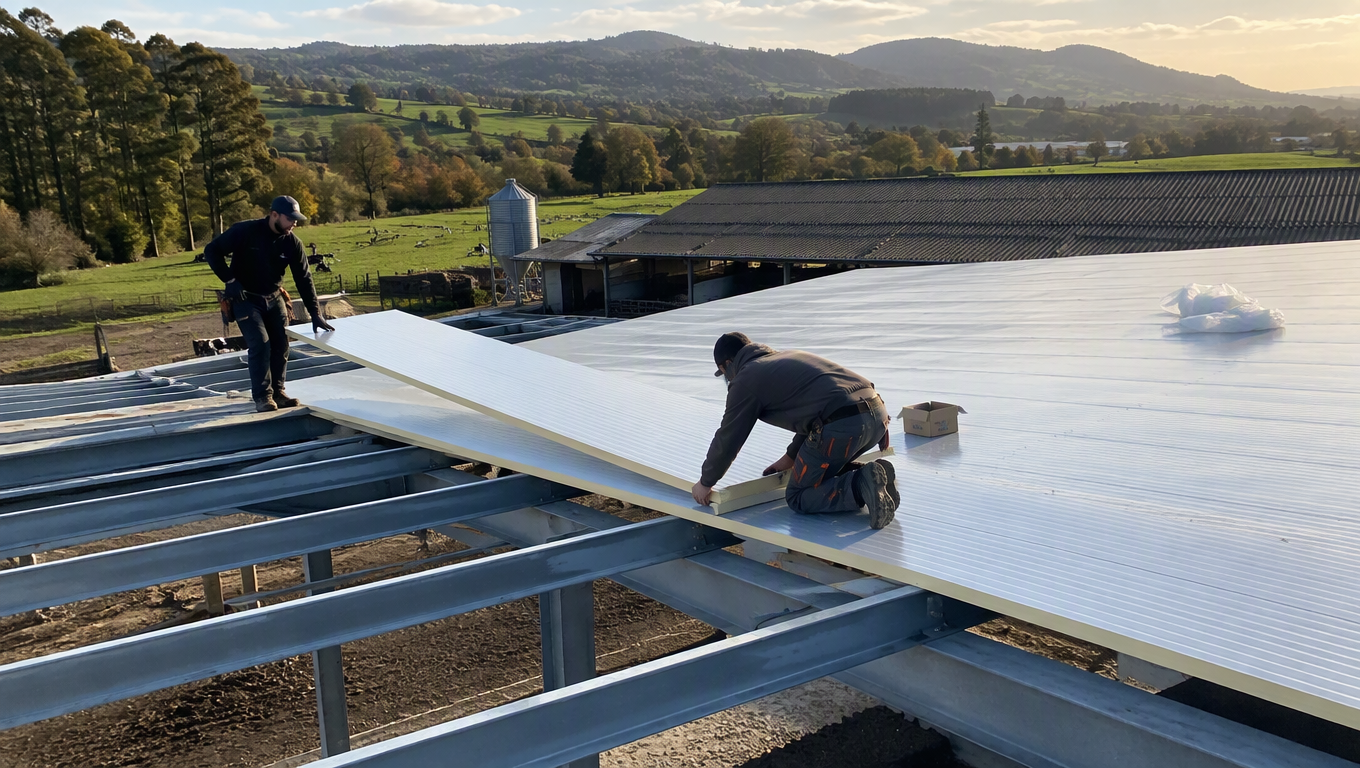 Instalación de cubierta de panel sándwich en una nave agrícola gallega